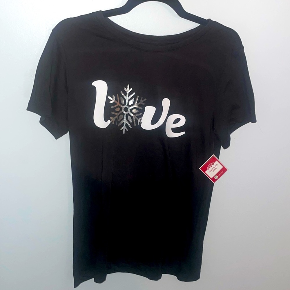 Christmas T-Shirt Women's Size S (4-6) Black and Silver with Snowflake P…